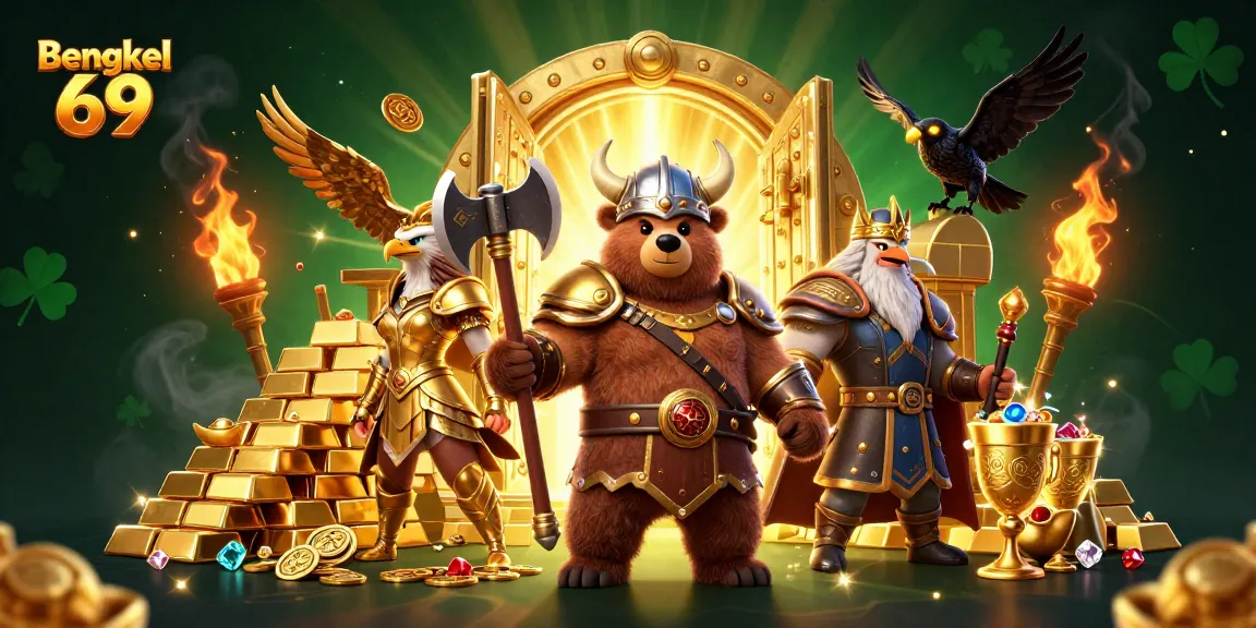 Bengkel 69 showcases a dynamic scene of a Viking berserker bear amidst jackpot treasure elements.