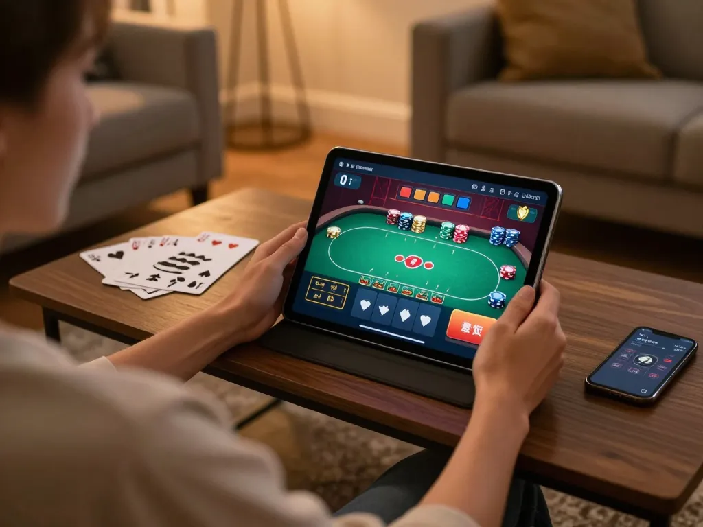 Engaging with kuwinfi through an online poker game interface on a tablet at home, showcasing strategic gaming.