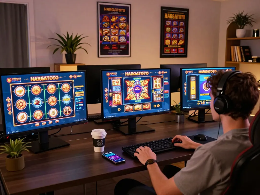 Pemain menikmati permainan slot online HARGATOTO di setup gaming rumah yang stylish.
