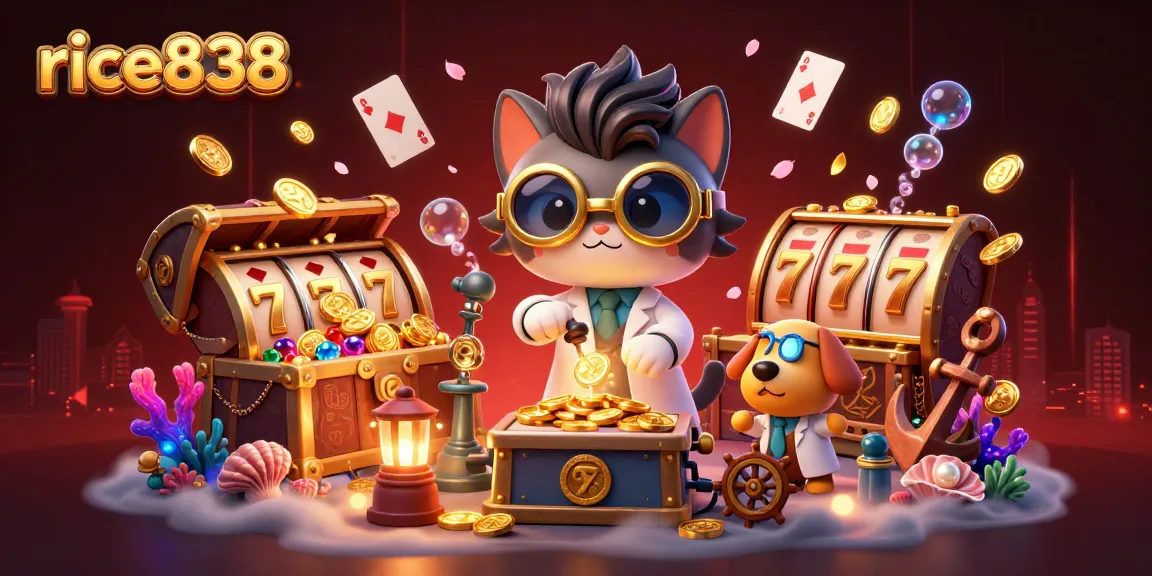 Spin to win with rice838 in this vibrant casino-themed illustration full of engaging slot and jackpot elements.