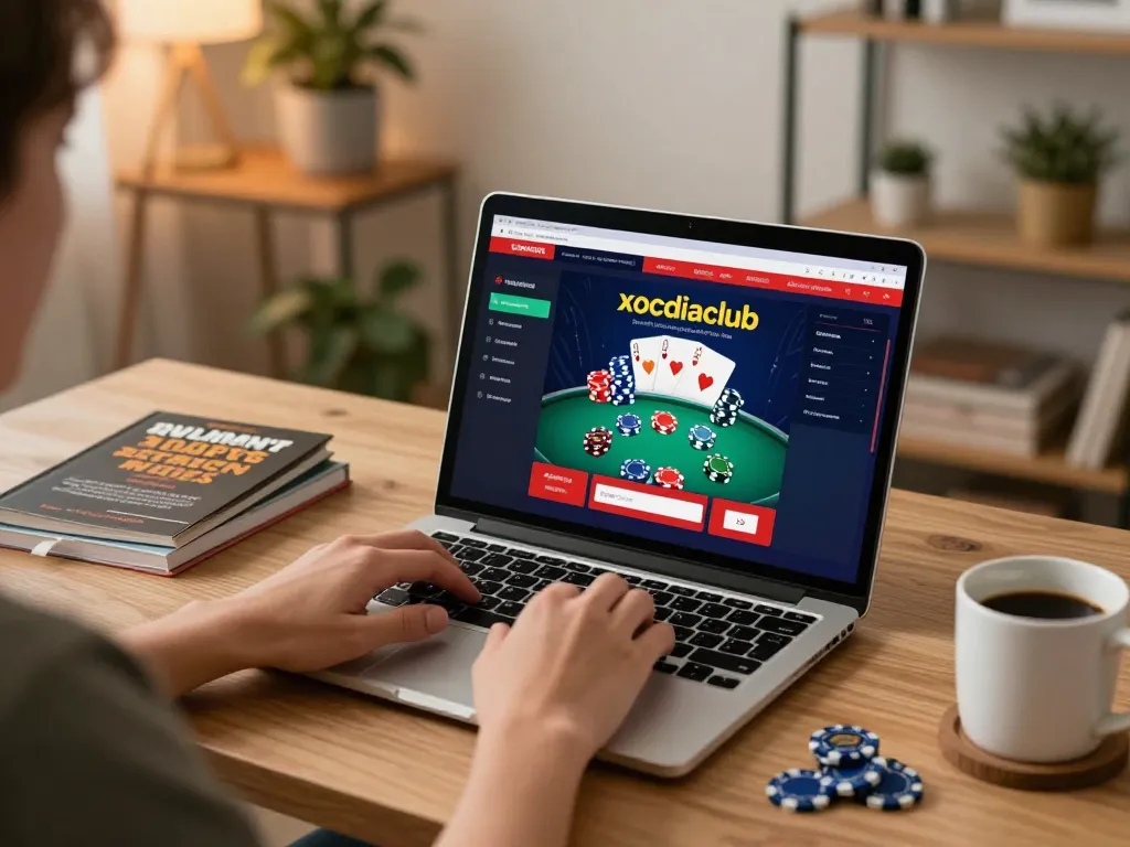 Engaged player reviews xocdiaclub poker strategies at home in stylish office setting
