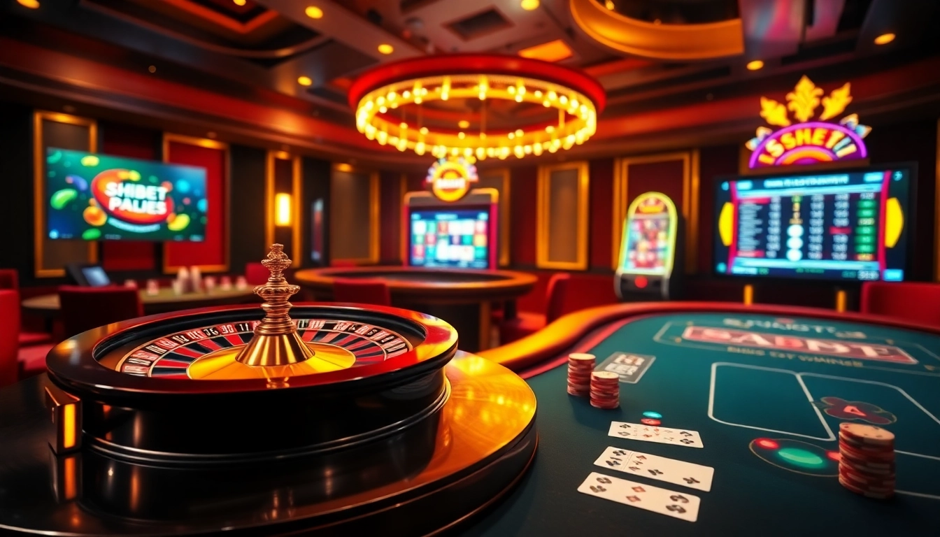Engaging casino scene with SHBET branding, featuring roulette, poker, and slot machines.