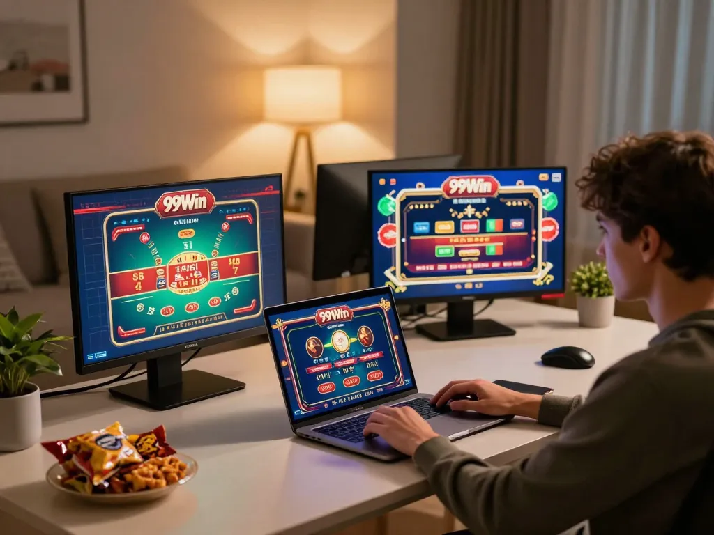 Person enjoying an online gaming session on 99Win with vibrant casino games displayed on laptop.