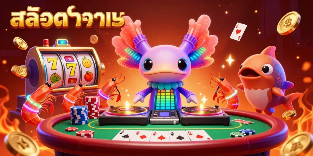Engage in สล็อตทดลอง with vibrant characters in a lively casino scene depicting slot reels and poker action.
