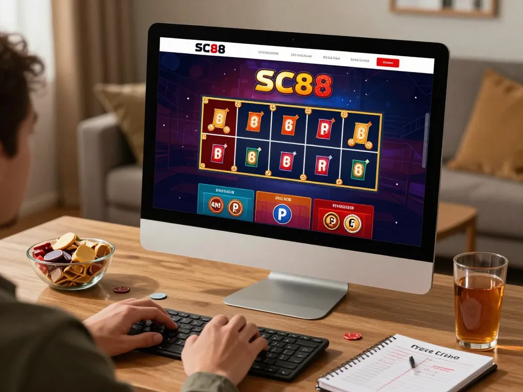 Engaging in online casino games with SC88 on a computer screen in a cozy home setting.