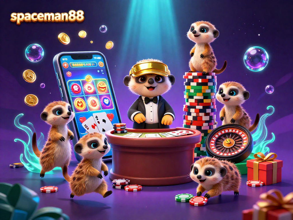 Experience the excitement of spaceman88 with meerkats in a vibrant casino scene.