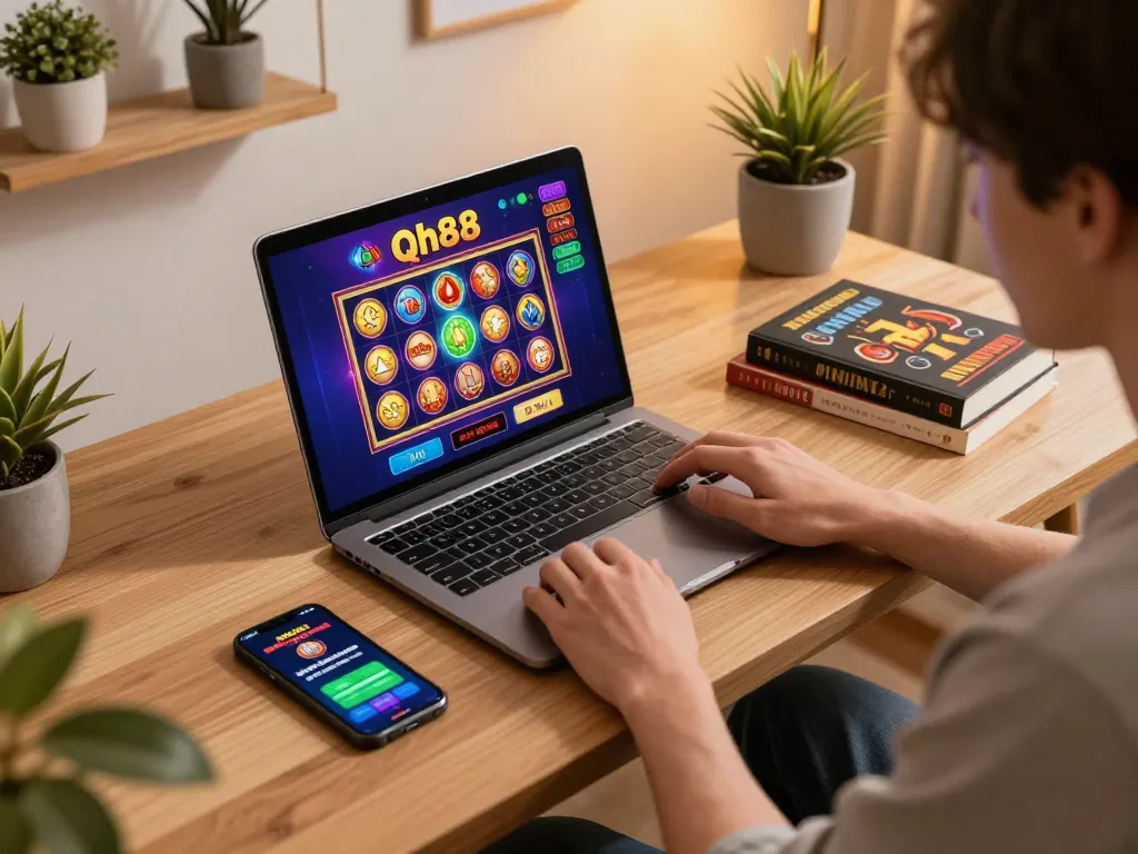 Engage with Qh88 link on an online casino setup, showcasing a player strategizing for better odds.