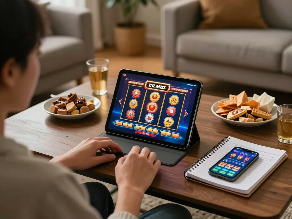 Engaging in a Slot Demo online gaming session with snacks and strategy notes.