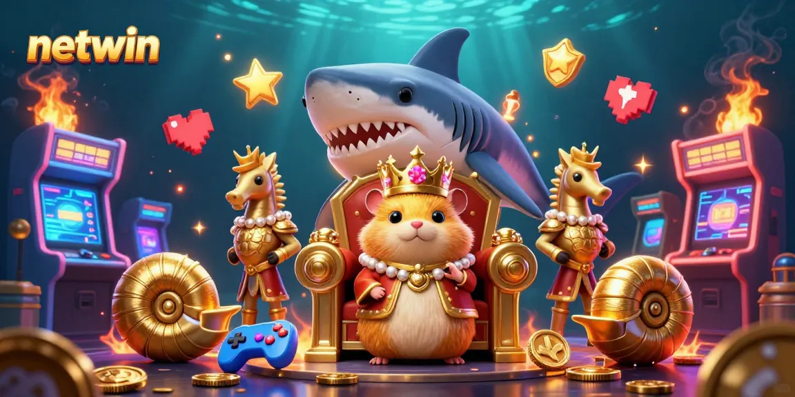 Engage with netwin's vibrant casino ecosystem featuring animated characters amidst arcade machines and glowing elements.