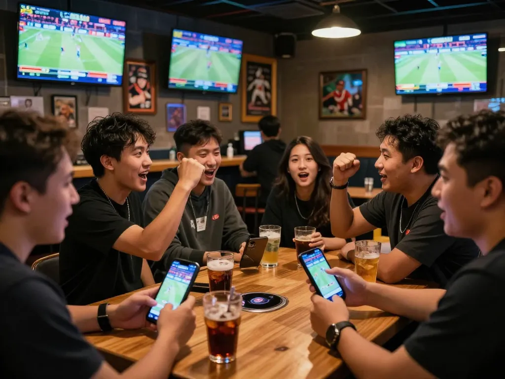 Excited sports bettors using net88 app while cheering in a lively sports bar atmosphere.