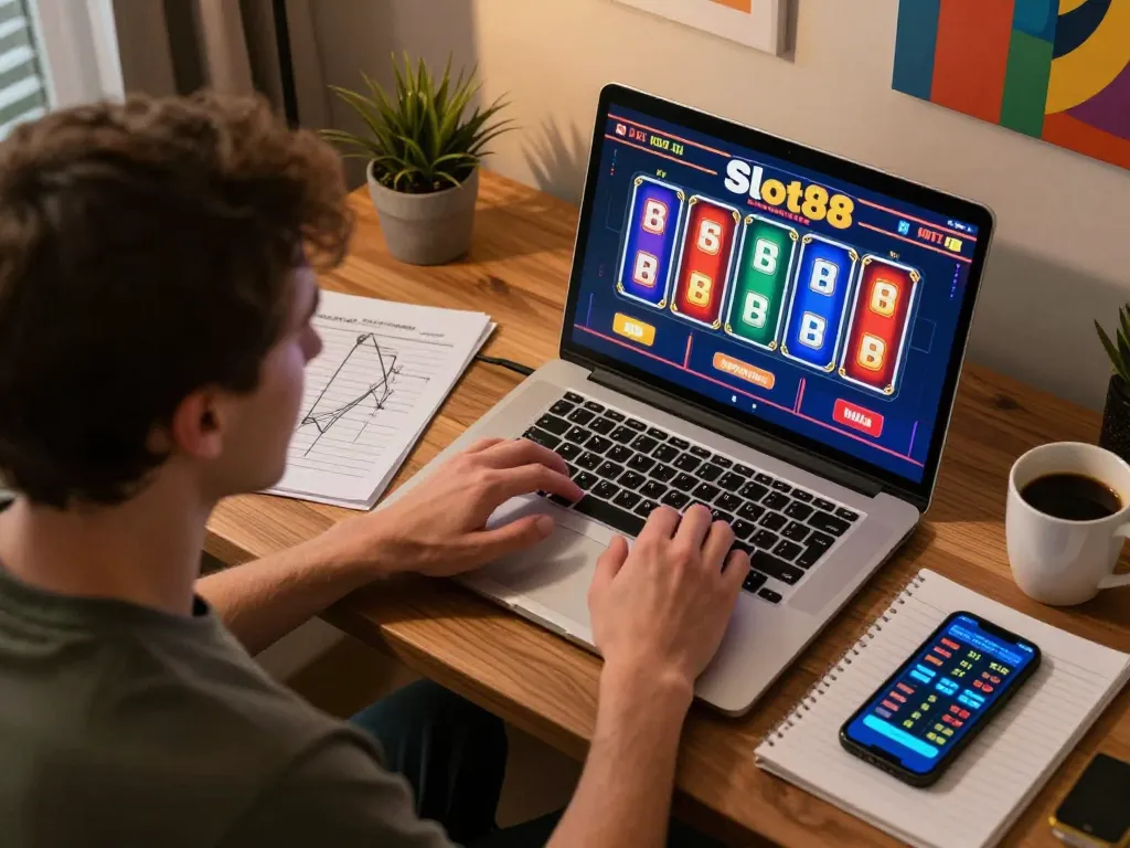 Player engaged with Slot88 on laptop in cozy home setup showcasing strategic gameplay.