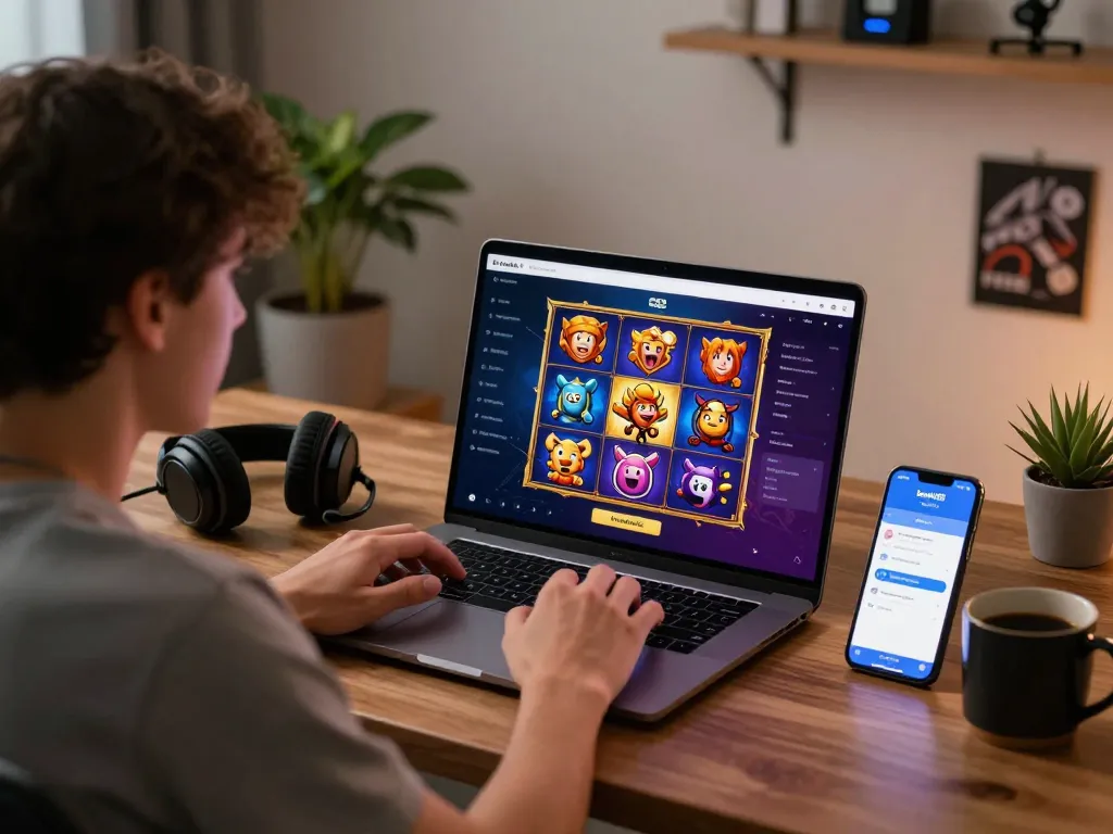 Engaged user exploring Dash88 platform for online slot games, showcasing excitement and vibrant visuals.
