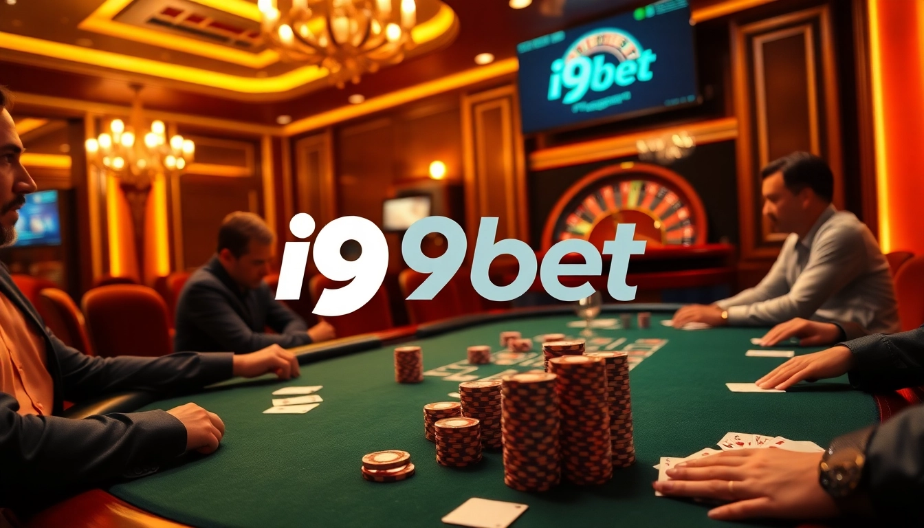 Play poker at the exclusive i9bet casino, featuring high-stakes chips and luxurious surroundings.