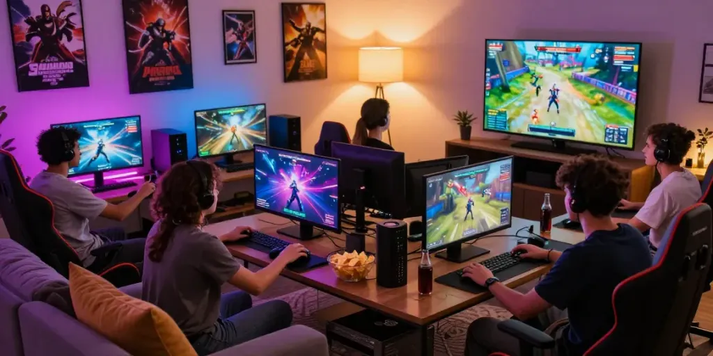 Friends enjoying an exciting online gaming session at home, featuring hotwin88 gaming action.