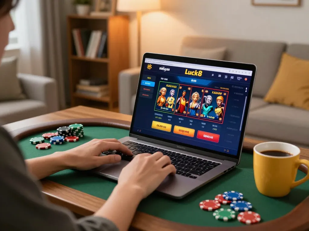 Engaged player using nhà cái luck8 online casino platform on a laptop in a cozy home setting.