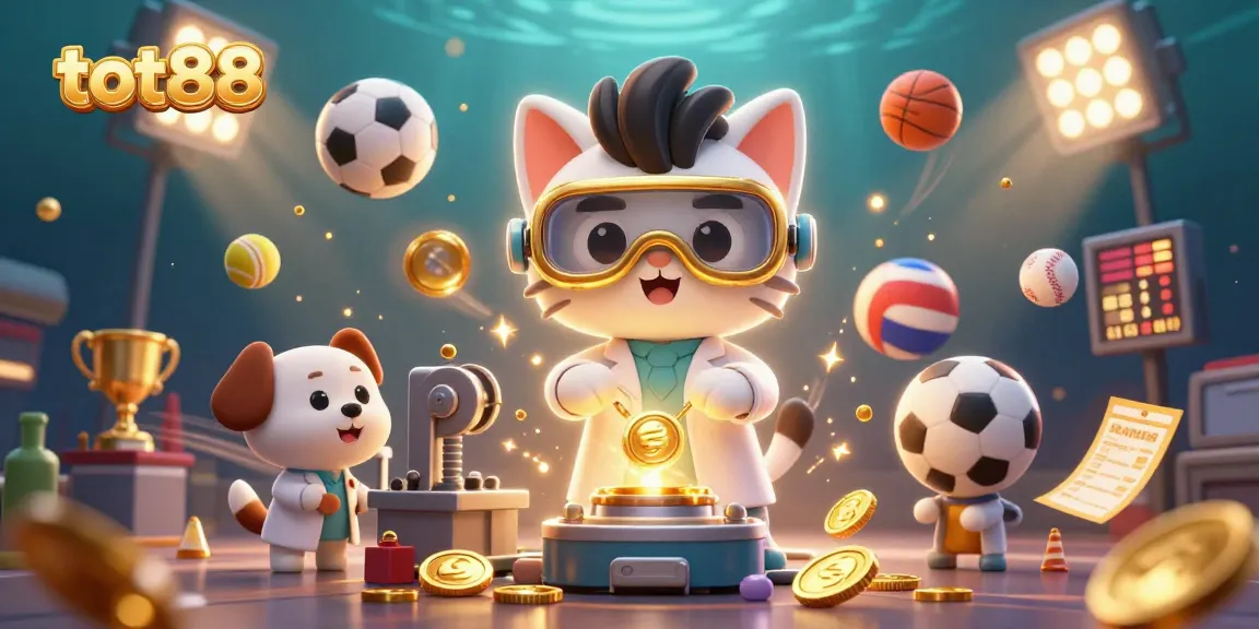 Experience tot88's thrilling sports betting scene with dynamic characters, golden trophies, and vibrant energy.