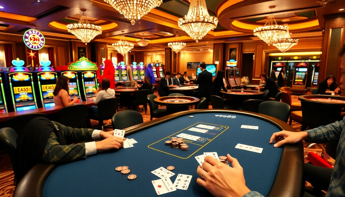 Players enjoying a high-stakes poker game at EE88 Casino, showcasing excitement and luxury.