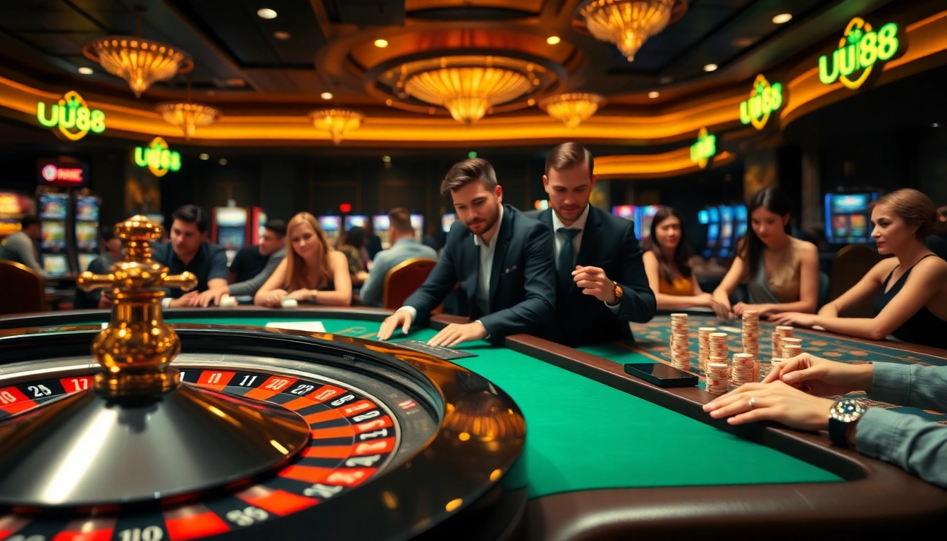 Engaged players enjoying diverse uu88 games at a vibrant casino with poker chips and roulette wheel.