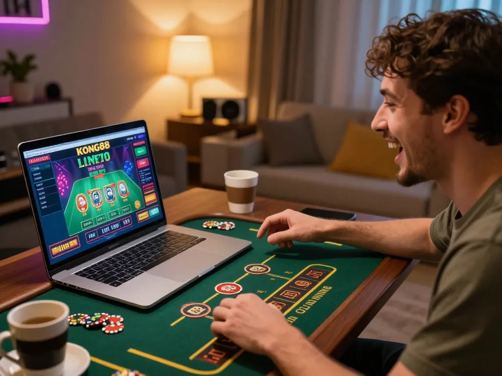 KONG88 player engaging with live casino game on laptop, showcasing online gambling excitement and strategy.