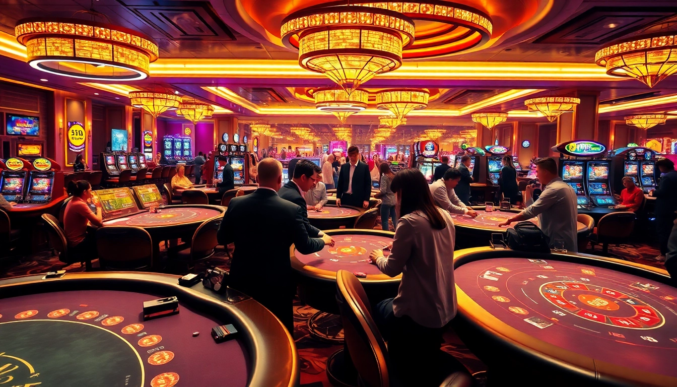 Engaged players enjoying the vibrant atmosphere of AT99娛樂城 with gaming tables and bright lights.