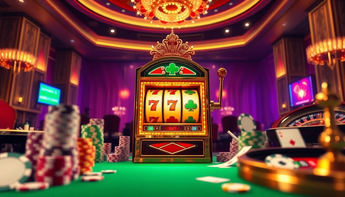 Experience thrilling moments at slot online with a luxurious casino featuring vibrant slot machines and poker chips.