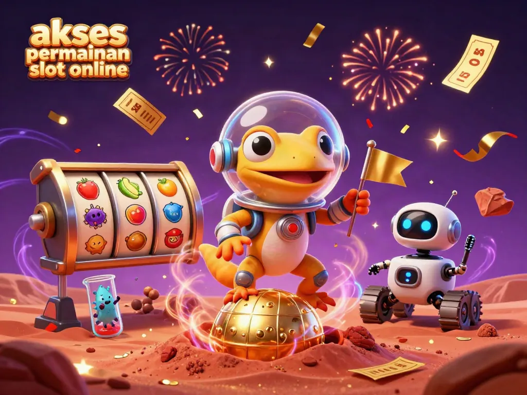 Mengakses permainan slot online dengan Martian gecko dan rover robot di kasino emas yang tersembunyi di Mars.