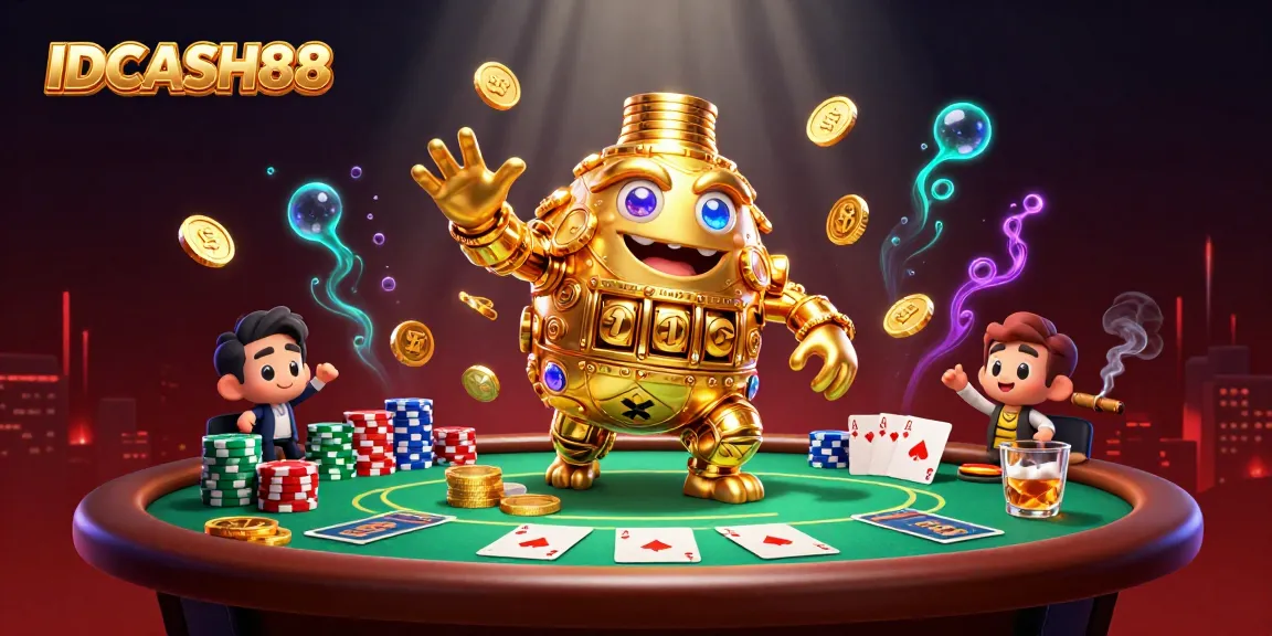 Engage with IDCASH88's dynamic gaming scene, featuring vibrant casino elements and lively characters.