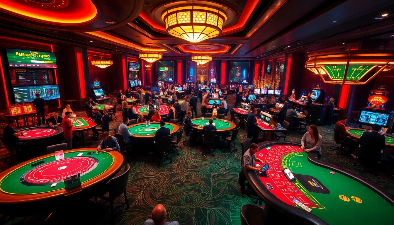 Exciting gaming atmosphere at https://33win.global/ with baccarat tables and vibrant players.