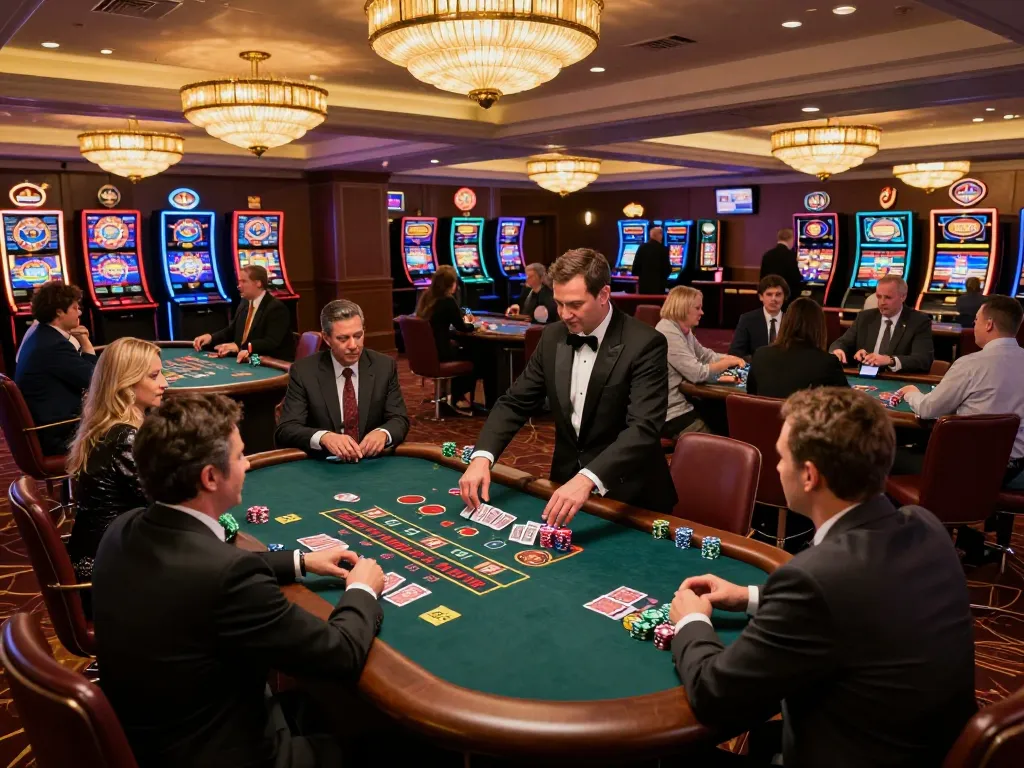 Engaging at casino go8 blackjack table with players and dealer in stylish environment