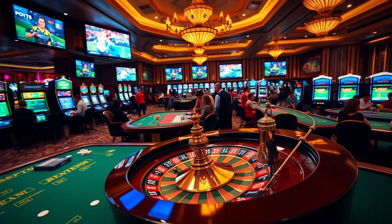 Betting excitement at Situs Judi Bola Terbesar Di Dunia casino with roulette and sports displays.