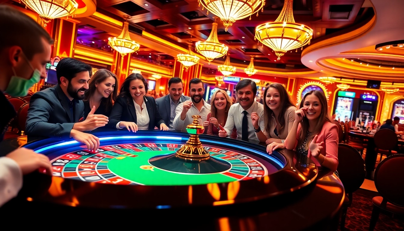 Players enjoying the thrill of 18vip娱乐 at a lively roulette table in a casino setting.