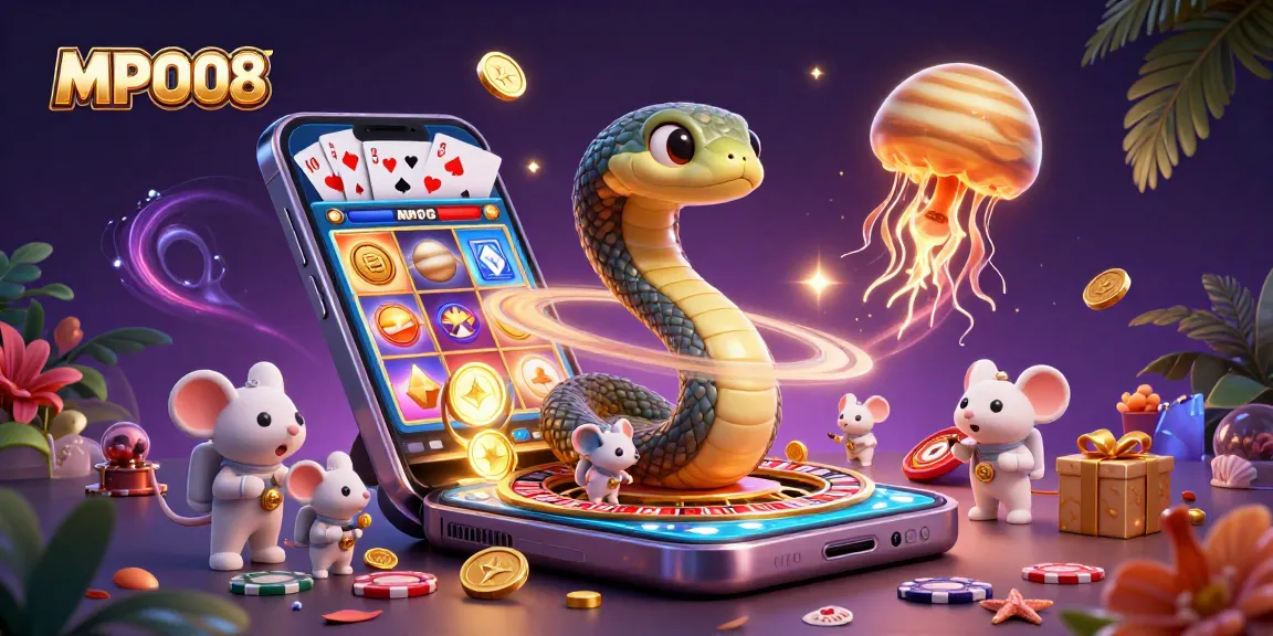 MPO08 shows a dynamic 3D casino scene with a Saturn ring snake as a roulette wheel, astronaut mice betting, and a vibrant cosmic atmosphere.