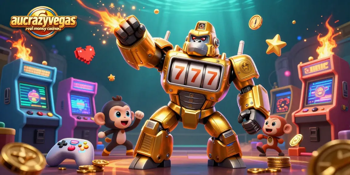 Experience the excitement of aucrazyvegas real money casinos with this vibrant 3D illustration of a golden gorilla mech.