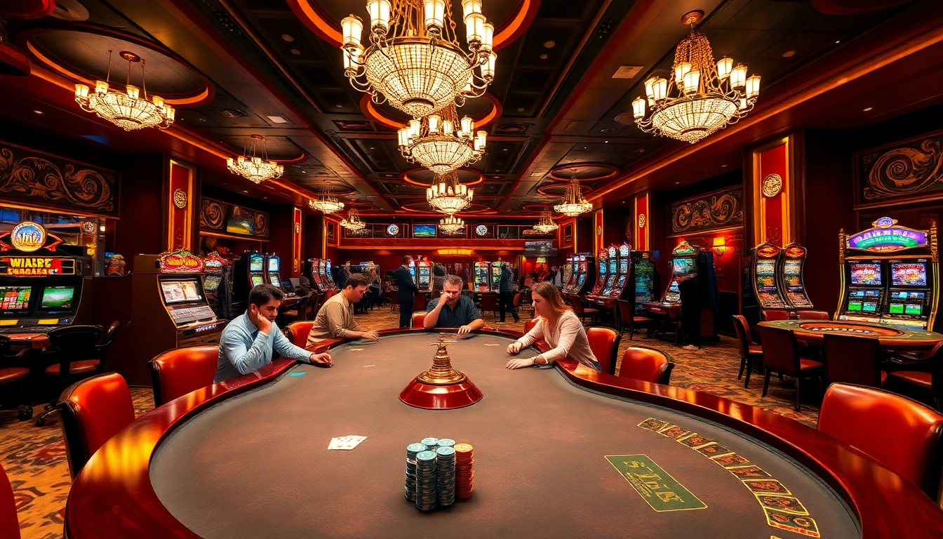 Players enjoying thrilling poker at https://bem88v.com/ with vibrant casino tables and deep colors.