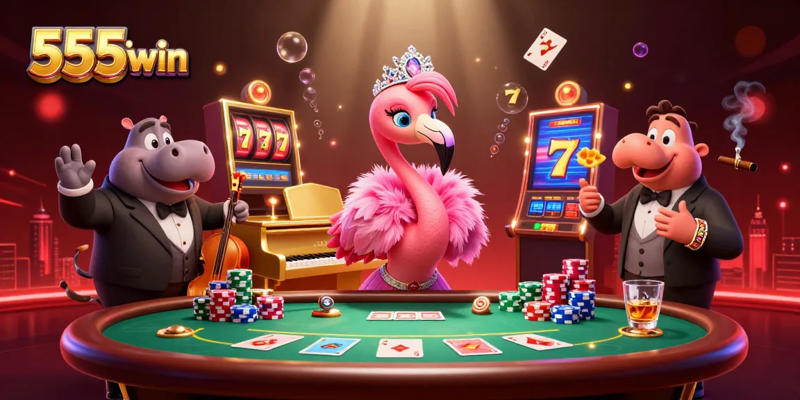 Engage in thrilling gaming action with 555win's vibrant casino atmosphere featuring characters and games.