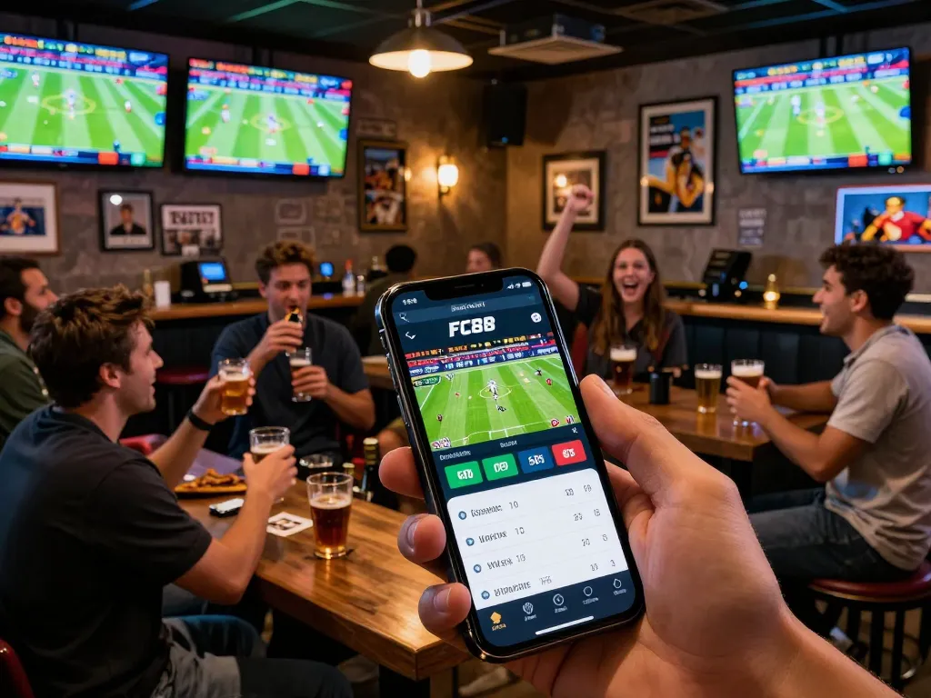 Sports fans engrossed in using the FC88 app to place bets during live games at a lively sports bar.