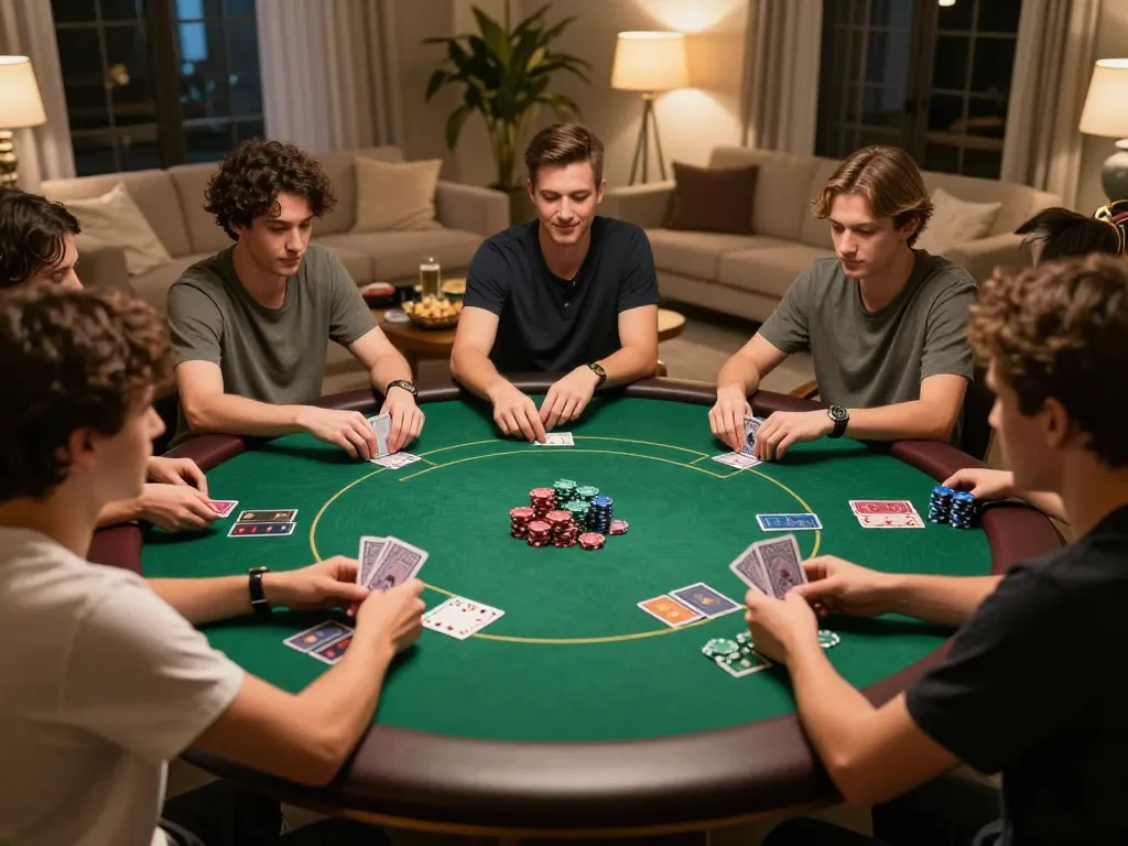 Friends enjoying a lively poker night at home, showcasing strategic gameplay with O8.