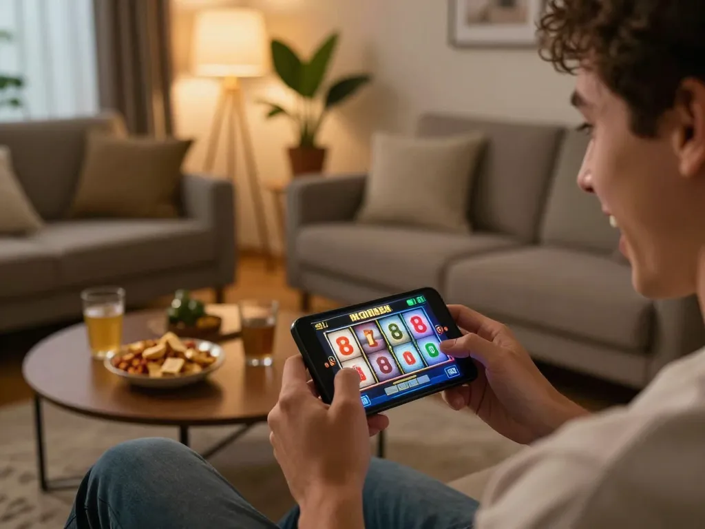 Player enjoying slot88 games on a smartphone in a cozy home, showcasing engaging gaming experience.