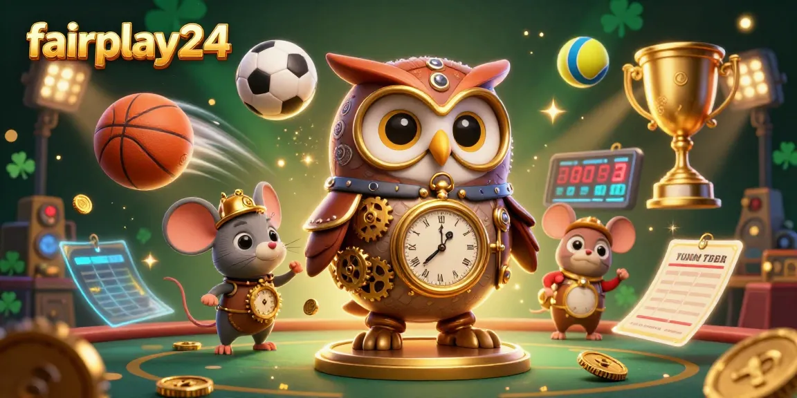 Experience dynamic sports betting action with fairplay24, featuring a steampunk owl and vibrant game elements.