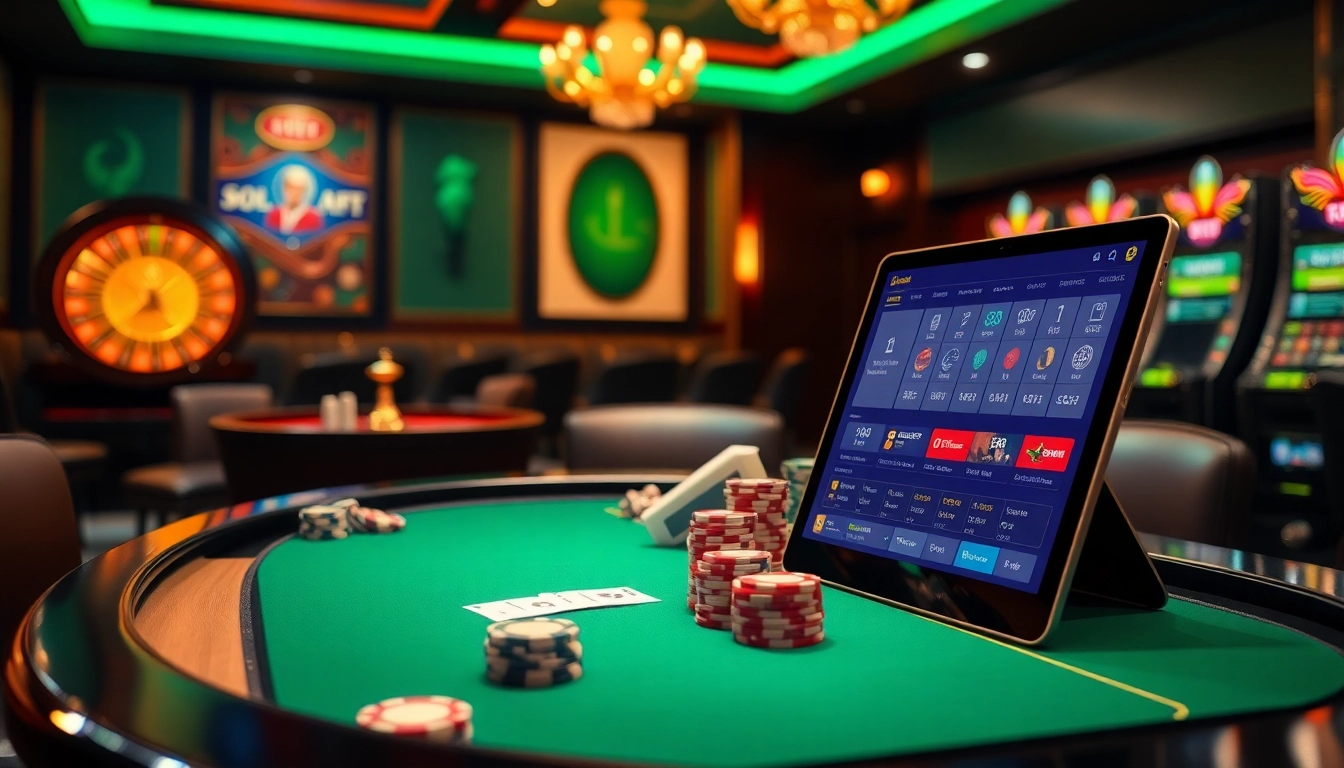 Sebot login indonesia displayed on a luxurious betting interface among poker chips and a roulette wheel in an online casino.