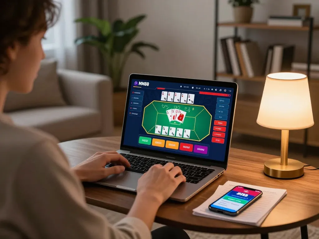Engaging with online poker through MM88 app on a cozy home setup with gaming strategies.