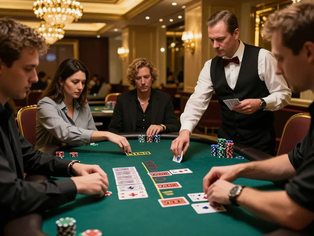Experience exciting blackjack gameplay at SKY88 casino, with players making strategic bets and enjoying luxurious ambiance.