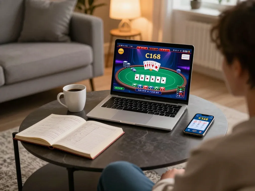 C168 online gaming strategy displayed on laptop in a cozy home setting