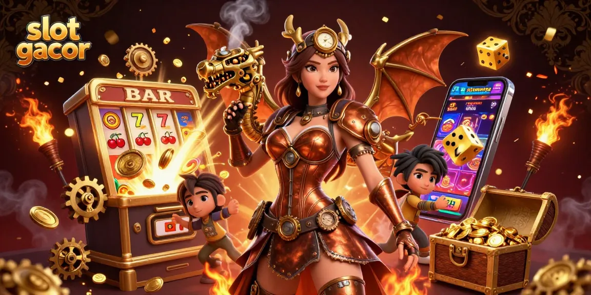Win big with slot gacor as alluring characters amidst swirling coins and dazzling casino elements.