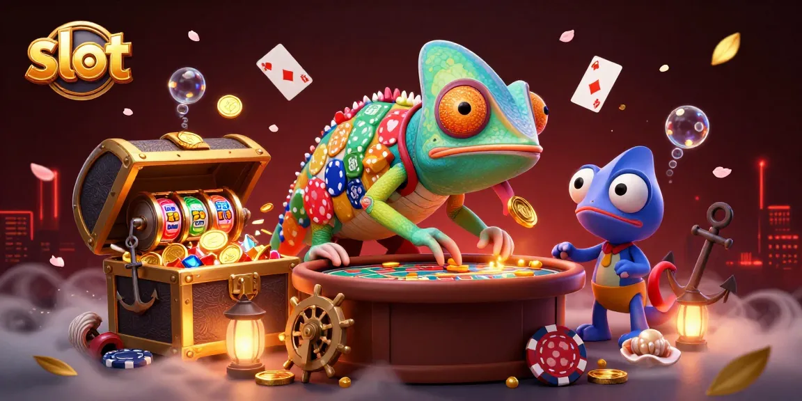 Menang di slot dengan chameleon pemilik kasino dan harta karun muncul di belakangnya.