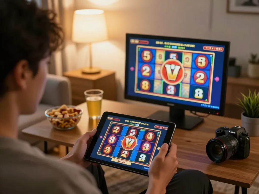 Players enjoying online gaming for man88a in cozy home setting with tablet and snacks.