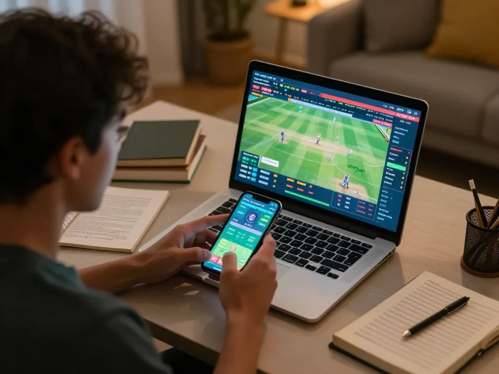 Engaging online betting experience on BK33, showcasing a player analyzing cricket stats while placing bets