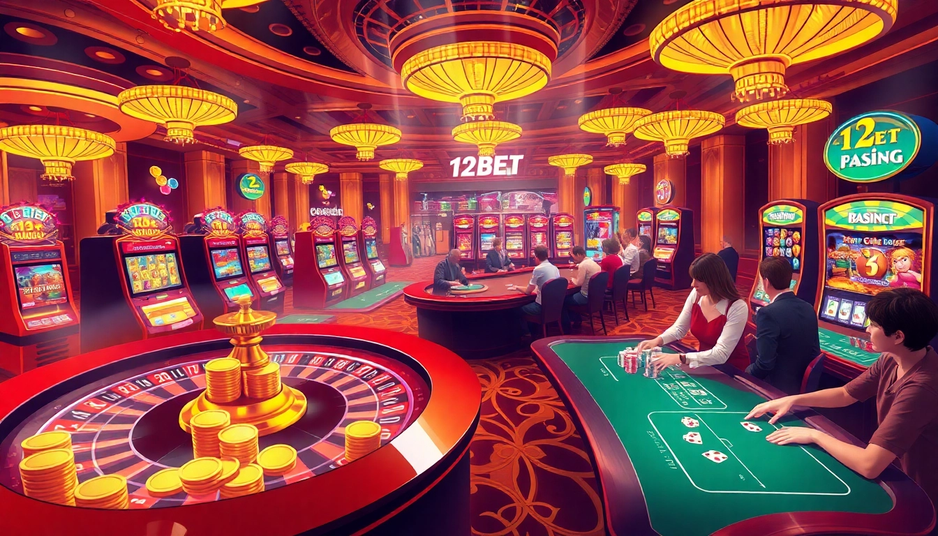 Experience the thrilling atmosphere of 12BET with vibrant casino games, including roulette and slots.