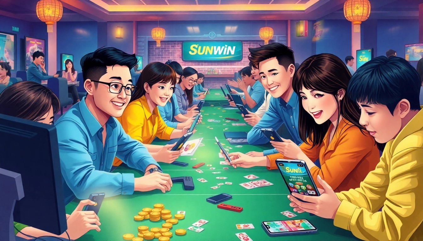 The engaging online gaming experience at https://sunwinw.com/ showcasing players playing Tài Xỉu and nổ hũ with vibrant interfaces.