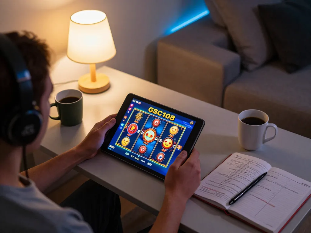 Memainkan slot online Gsc108 di tablet di ruang tamu yang nyaman dengan strategi permainan.